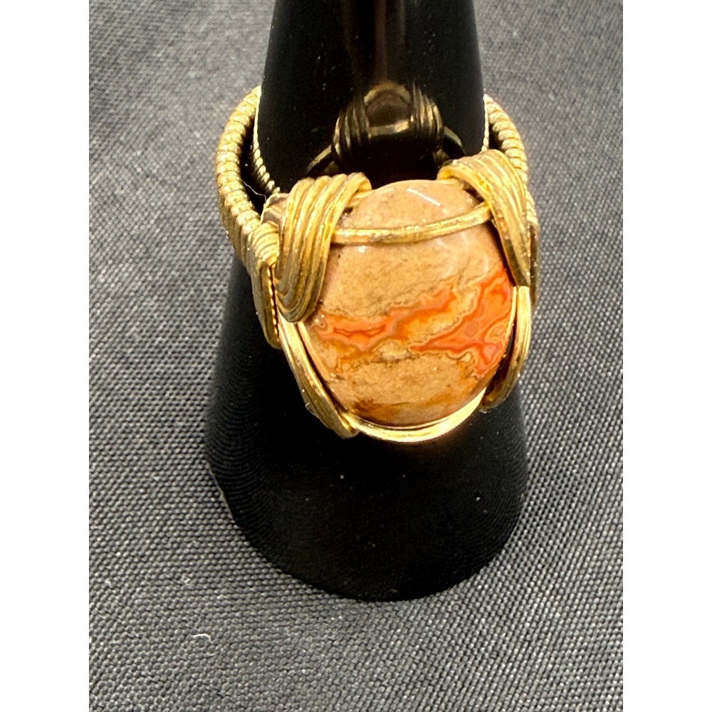 Artisan Handmade Wire Wrapped Agate Statement Ring Gold Tone Band Boho Size 5
